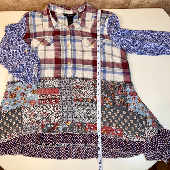Ali Miles Patchwork Plaid Floral Oversized Boyfriend Shirt 3/4 Sleeves Sz Large - Picture 9 of 10